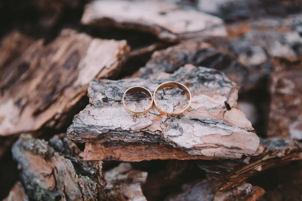 Pareja anillos de boda en textura de madera vieja — Foto de Stock