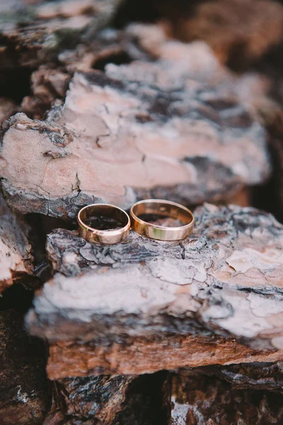 Pareja anillos de boda en textura de madera vieja — Foto de Stock
