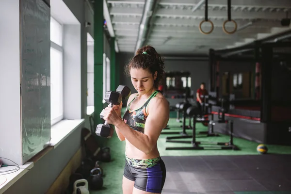 Attractive fit woman works out with dumbbells as a fitness conceptual in gym