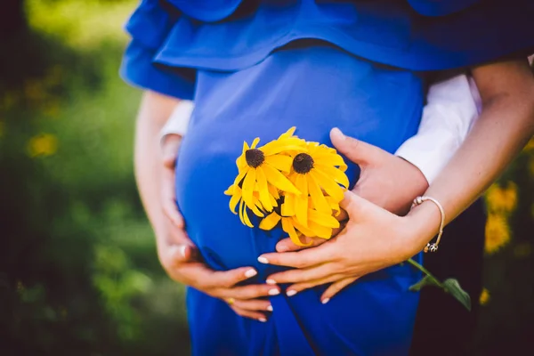 아버지와 임신한 어머니 녹색 초원에 노란색 꽃과 함께 손을 잡고. — 스톡 사진