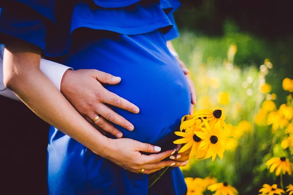 Ojca i matki w ciąży, trzymając się za ręce wraz z żółte kwiaty na łące. — Zdjęcie stockowe