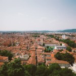 View of the European old town of Brescia in Italy pawnshop in summer