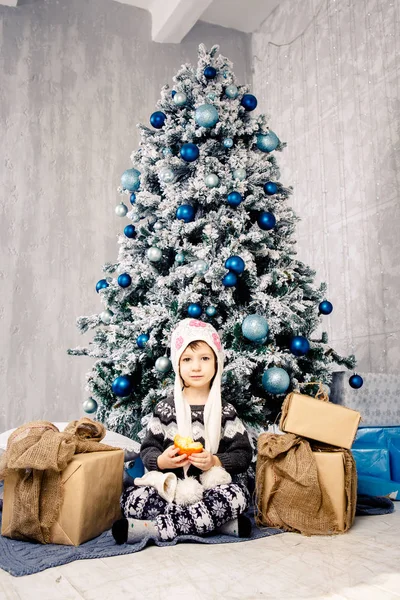 Niña de cinco años sentada en el suelo cerca del árbol de Navidad decorado con juguetes, pelotas. En las manos tiene una mandarina fruta naranja, naranja. vestido con una carpeta divertida y un suéter gris — Foto de Stock