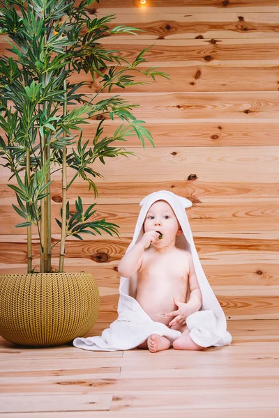 Το μωρό τυλιγμένο σε μια λευκή πετσέτα, κάθονται σε ξύλινα φόντο κοντά σε ένα δέντρο μπαμπού σε κατσαρόλα — Φωτογραφία Αρχείου