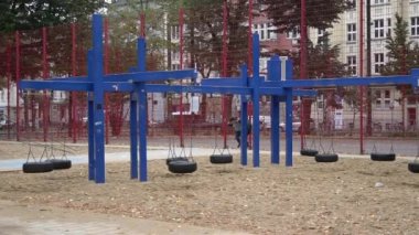 20 Ekim 2019. Almanya. Düsseldorf 'ta. Oyun alanında lastik sallayan heyecanlı çocuk. Çocuk parkta lastik salıncağında oturuyor. Çocuklar dışarıda oynuyor.