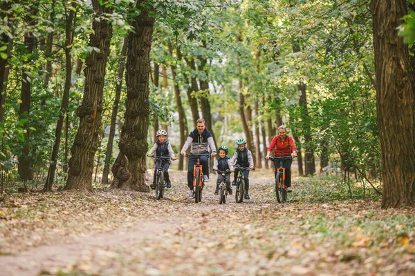 Rodziców i dzieci jeżdżących po leśnym szlaku. Młoda rodzina jeździ na rowerze w jesiennym parku. Rodzinny rower górski po lesie. Rodziny tematyczne aktywny sport rekreacji na świeżym powietrzu. Jazda na rowerze rodzinnym przez jesienny las — Zdjęcie stockowe