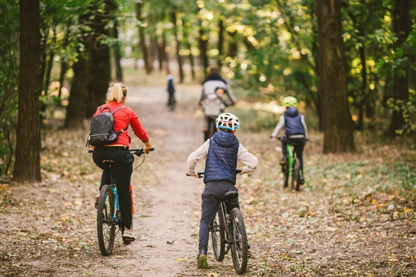 父母和孩子在森林小径上骑自行车。 秋天公园里年轻的家庭骑自行车。 家庭山地骑自行车在森林里。 家庭主动式户外运动娱乐. 家庭骑自行车穿越秋天的林地 — 图库照片