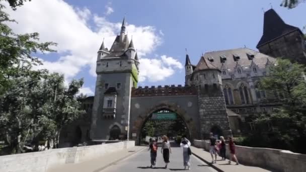 Budapest, Hungría - 13 de julio de 2017: Hermoso castillo medieval frente al lago. City Park de Budapest Hungría — Vídeo de stock