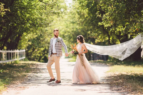 Härlig bröllopsparets skog. Brudgummen, följ mig, gift par, kvinna i vit brudklänning och slöja. Rustik utomhus kärlekshistoria. Följ mig hipsterfotot. Nygifta som håller hand gå — Stockfoto