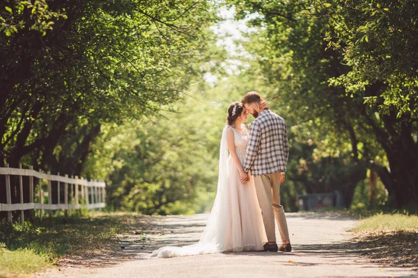 Marié embrasse joyeuse mariée coucher de soleil temps ensoleillé. Heureux jeunes mariés debout ensemble dans le jardin. portrait de mariage à thème et belle robe blanche de mariage. mariage couple câlin et baiser à l'extérieur — Photo