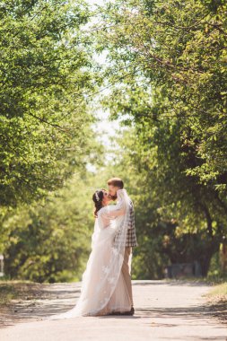 Damat mutlu gelini kucaklıyor. Gün batımı güneşli hava. Mutlu yeni evliler bahçede yan yana duruyor. temalı bir düğün portresi ve güzel bir gelinlik. Düğün çifti dışarıda sarılıp öpüşüyor.