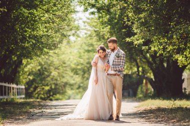 Düğün çifti ormanda yürümeyi sever. Yeni evliler kucaklaşır ve el ele tutuşur. Yeni evliler güneşli bir havada parkta el ele yürür. Düğün ve nişan teması