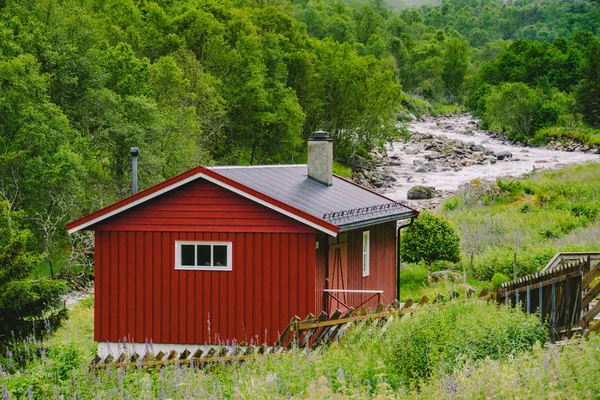 Casa tradițională din lemn roșu norvegian pe un fundal de pădure și natură, cu un râu de munte în vreme ploioasă cu ceață — Fotografie, imagine de stoc