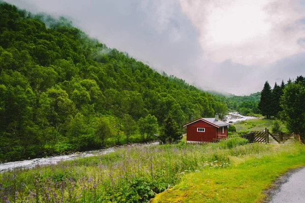 숲 과 자연의 배경에 있는 노르웨이의 전통적 인 붉은 목조 주택, 비가 오는 날씨에 안개가 자욱 한 산에 있는 강 — 스톡 사진