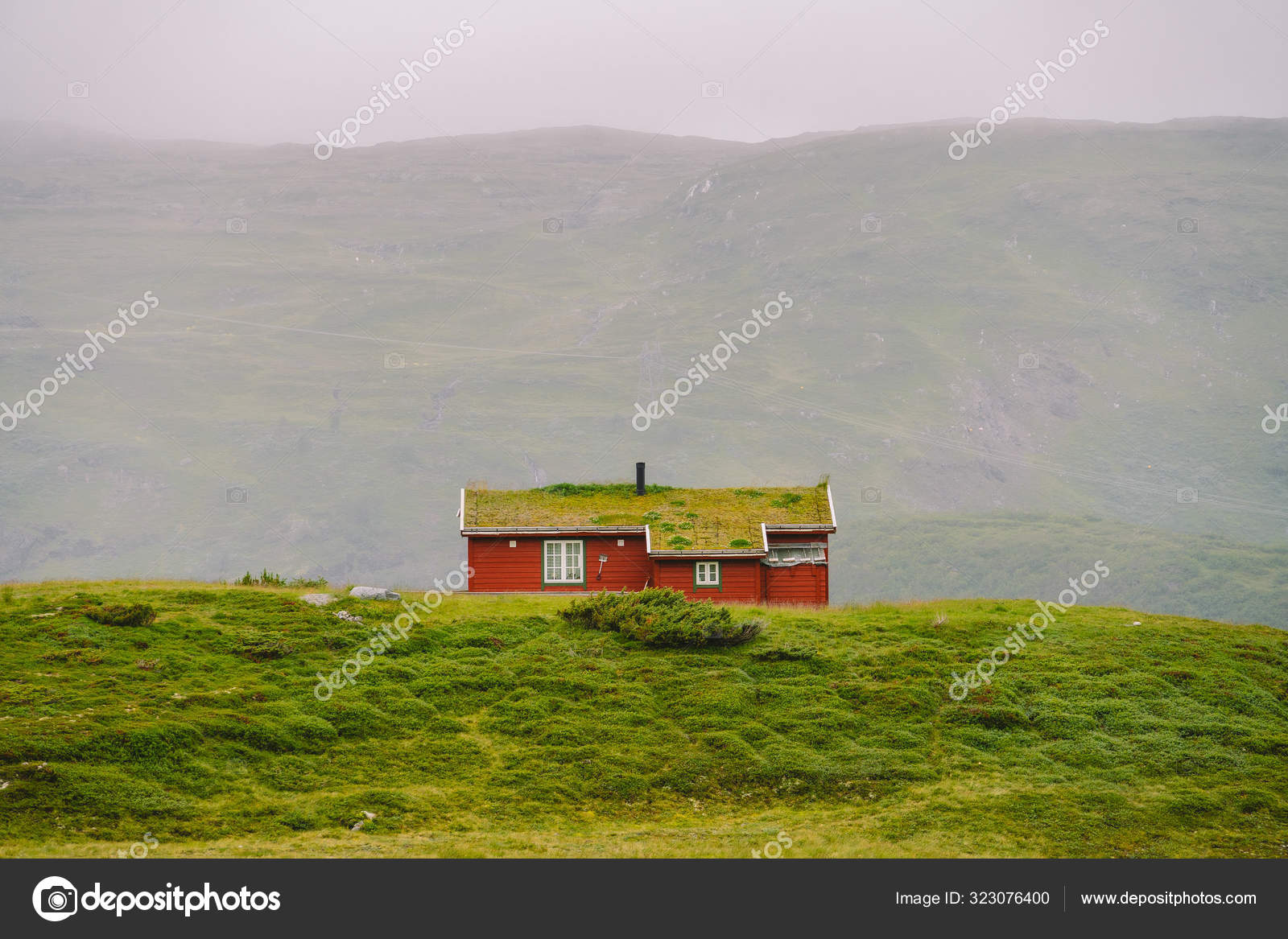 Hut wooden mountain huts in mountain pass Norway. Norwegian landscape