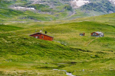 Dağdaki ahşap kulübeler Norveç 'i geçiyor. Tipik İskandinav çim çatı evleri olan Norveç manzarası. Dağ köyü, küçük evleri ve vadide çimleri olan ahşap kulübeleri var.