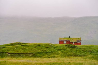 Dağdaki ahşap kulübeler Norveç 'i geçiyor. Tipik İskandinav çim çatı evleri olan Norveç manzarası. Dağ köyü, küçük evleri ve vadide çimleri olan ahşap kulübeleri var.