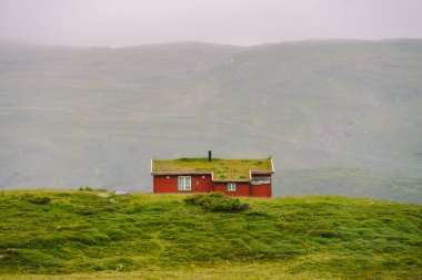 Dağdaki ahşap kulübeler Norveç 'i geçiyor. Tipik İskandinav çim çatı evleri olan Norveç manzarası. Dağ köyü, küçük evleri ve vadide çimleri olan ahşap kulübeleri var.