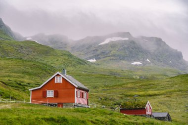 Dağdaki ahşap kulübeler Norveç 'i geçiyor. Tipik İskandinav çim çatı evleri olan Norveç manzarası. Dağ köyü, küçük evleri ve vadide çimleri olan ahşap kulübeleri var.