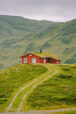 Dağdaki ahşap kulübeler Norveç 'i geçiyor. Tipik İskandinav çim çatı evleri olan Norveç manzarası. Dağ köyü, küçük evleri ve vadide çimleri olan ahşap kulübeleri var.