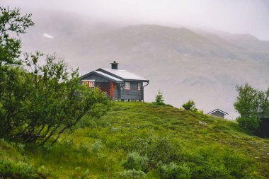 Dağdaki ahşap kulübeler Norveç 'i geçiyor. Tipik İskandinav çim çatı evleri olan Norveç manzarası. Dağ köyü, küçük evleri ve vadide çimleri olan ahşap kulübeleri var.