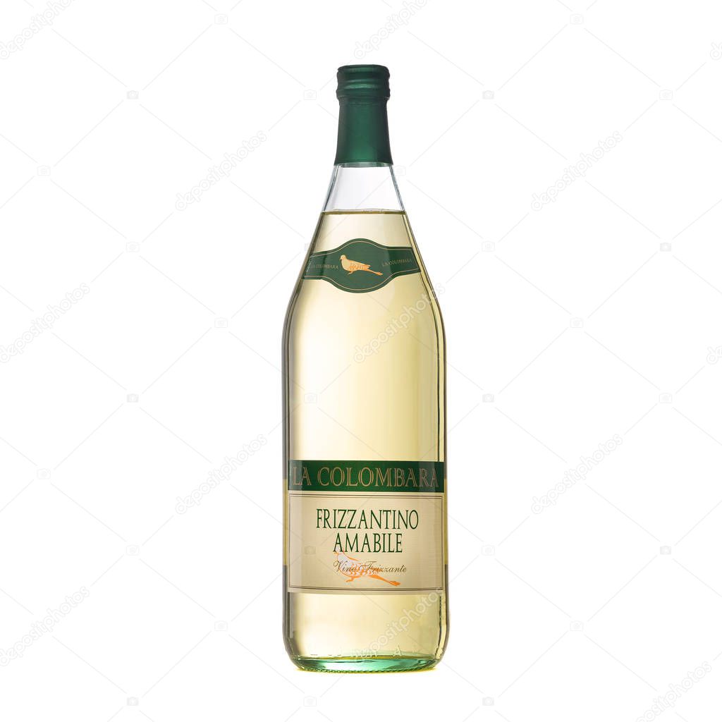Bottle Italian wine on white background. Full white wine bottle. Isolated on white background. Wine bottle isolated with label Frizzantino bianco amabile La Colombara. Kiev, Ukraine December 6, 2019.
