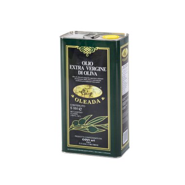 Beyaz arka planda etiketli zeytinyağı kutusu. Logo Zeytinyağı Ekstra Bakir Metal Kutusu. Zeytinyağı, izole edilmiş sağlıklı yiyecekler için. Beyaz zeminde saf zeytinyağı. Kiev, Ukrayna 6 Aralık 2019