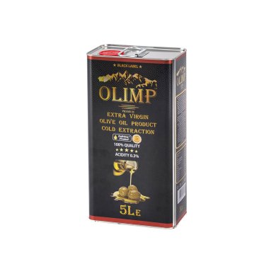 Beyaz arka planda etiketli zeytinyağı kutusu. Logo Zeytinyağı Ekstra Bakir Metal Kutusu. Zeytinyağı, izole edilmiş sağlıklı yiyecekler için. Beyaz zeminde saf zeytinyağı. Kiev, Ukrayna 6 Aralık 2019
