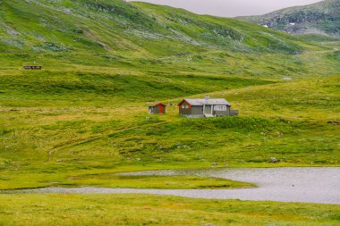 Norveç ahşap yazlığı manzaralı göl manzaralı, Norveç, İskandinavya. Kırsal kesimdeki göl kıyısındaki kır evi. Göl kıyısındaki turba çatılı kulübe. Norveç 'te tipik bir çim çatı kulübesi. Tipik kırmızı rorbu balıkçı kulübesi.