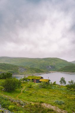 Norveç ahşap yazlığı manzaralı göl manzaralı, Norveç, İskandinavya. Kırsal kesimdeki göl kıyısındaki kır evi. Göl kıyısındaki turba çatılı kulübe. Norveç 'te tipik bir çim çatı kulübesi. Tipik kırmızı rorbu balıkçı kulübesi.