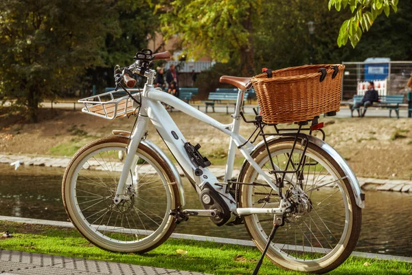 Bicycle Parked On City Street. A city bike in Dusseldorf. Urban bike parked without anyone on European street. Bicycle ecological mode of transport in Europe. Dusseldorf, Germany October 25, 2018