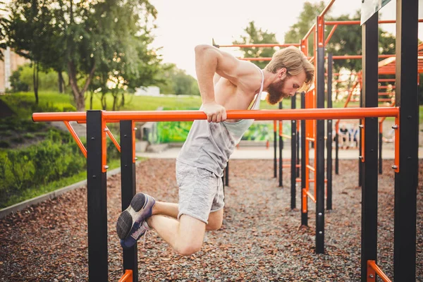 Fit Man Workout Out Arms On Dips Horizontal Bars Training Triceps And Biceps Doing Push Ups. Handsome Man Doing Exercise On Parallel Bars. Male Athlete Exercises On Parallel Bars Outdoor