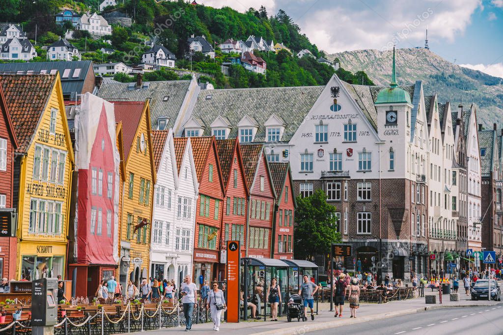 Bergen, Norway. View of historical buildings in Bryggen. Hanseatic ...