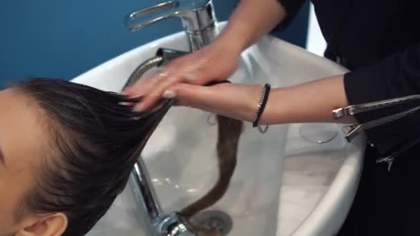Beleza, cuidado do cabelo e conceito de pessoas - mulher jovem feliz com cabeleireiro cabeça de lavagem no salão de cabeleireiro — Vídeo de Stock