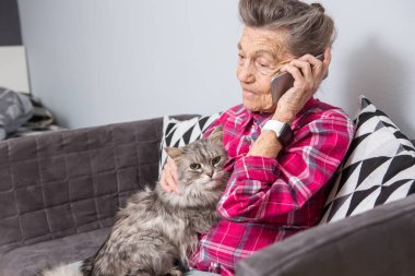 Tema eski kişi teknolojisini kullanır. Memnun sevinç gülümseme etkin gri saç beyaz kırışıklıkları kadın oturan ev oturma odası kanepe üzerinde kabarık kedi istimal hareket eden telefon, çağrı ve telefonu konuşurken Olgun
