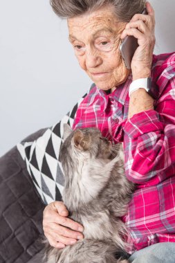 Tema eski kişi teknolojisini kullanır. Memnun sevinç gülümseme etkin gri saç beyaz kırışıklıkları kadın oturan ev oturma odası kanepe üzerinde kabarık kedi istimal hareket eden telefon, çağrı ve telefonu konuşurken Olgun