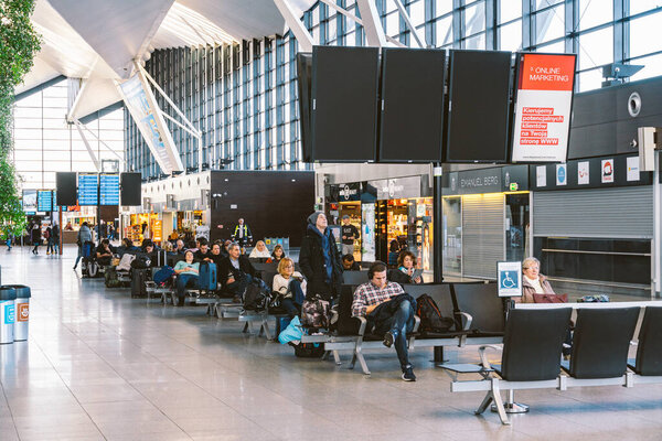 Interior of new modern terminal at Lech Walesa Airport in Gdansk. Lech Walesa International Airport in Gdansk, Poland February 14, 2020. waiting, Arrival departure area of airport terminal.