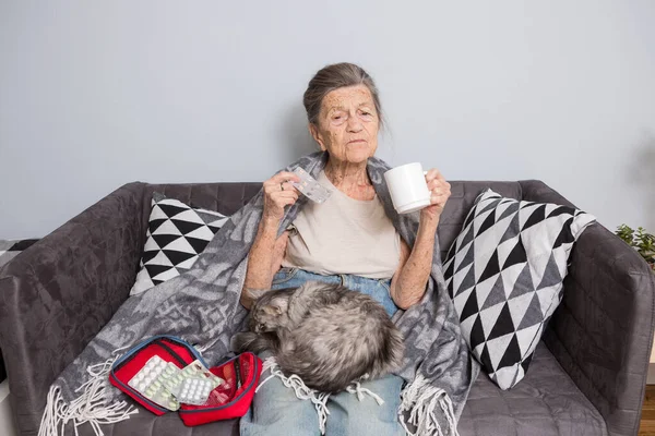 Elderly woman with pills at home. senior woman holding glass of water and pills. Granny holds pills and a cat in her arms sitting on a sofa. Age, medicine, health care, and people concept.