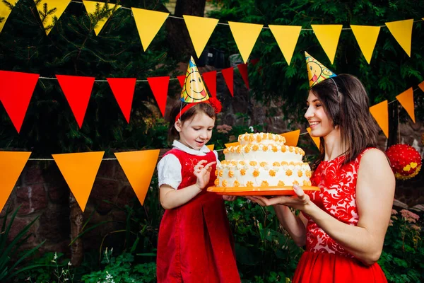 Children Party Cake Small Child Funny Girl Trying Finger Large — Stock Photo, Image