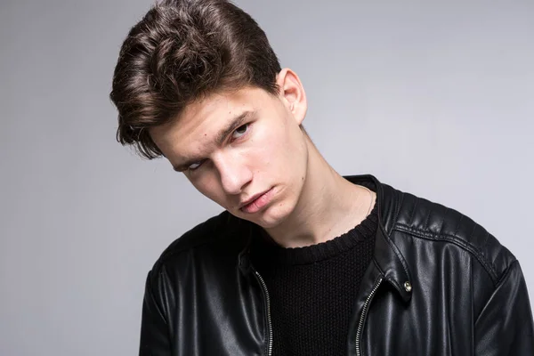 Wide Angle Studio Shot Young Caucasian Guy Model Black Clothes — Stock Photo, Image