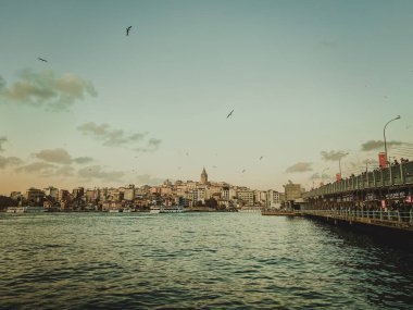 İstanbul 'daki İstanbul Boğazı' ndaki Galata Köprüsü ve Galata Kulesi. İstanbul birçok martıya ve bulutlu gökyüzüne sahiptir. Karaköy bölgesi ve Altın Boynuz.