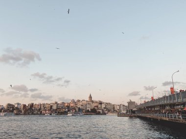 İstanbul 'daki İstanbul Boğazı' ndaki Galata Köprüsü ve Galata Kulesi. İstanbul birçok martıya ve bulutlu gökyüzüne sahiptir. Karaköy bölgesi ve Altın Boynuz.