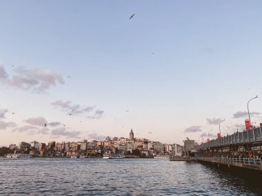 İstanbul 'daki İstanbul Boğazı' ndaki Galata Köprüsü ve Galata Kulesi. İstanbul birçok martıya ve bulutlu gökyüzüne sahiptir. Karaköy bölgesi ve Altın Boynuz.