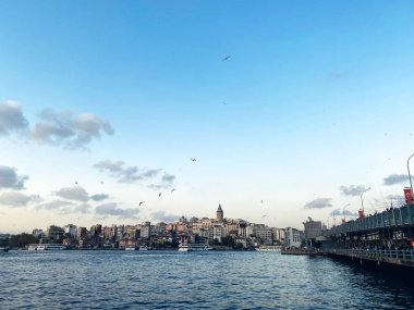 İstanbul 'daki İstanbul Boğazı' ndaki Galata Köprüsü ve Galata Kulesi. İstanbul birçok martıya ve bulutlu gökyüzüne sahiptir. Karaköy bölgesi ve Altın Boynuz.