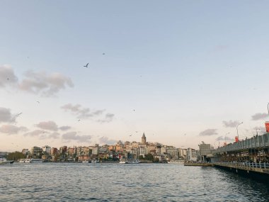 Türkiye 'ye git. Günbatımında Boğaz 'ın güzel manzarası. Panormama Galata Köprüsü 'ne, Galata Kulesi' ne ve birçok martıya bakıyor. İstanbul 'un kartpostal görüntüsü.