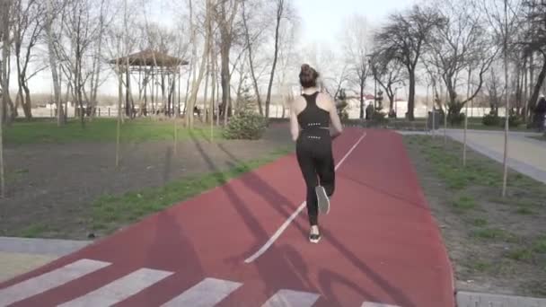 Ung kvinna löpare joggar på löparbanan i parken. Verksamhet, person. Löpare som springer på löparbanan. Håller kroppen i gott skick. Spåra med gummibandsbeläggning för gång och löpning — Stockvideo