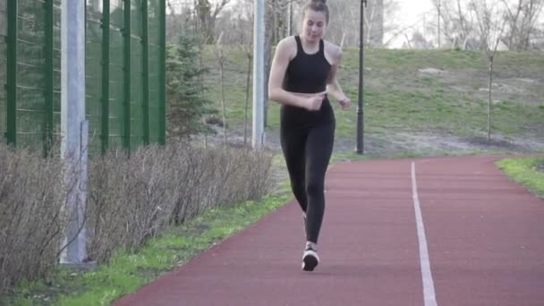 Ung kvinna löpare joggar på löparbanan i parken. Verksamhet, person. Löpare som springer på löparbanan. Håller kroppen i gott skick. Spåra med gummibandsbeläggning för gång och löpning — Stockvideo