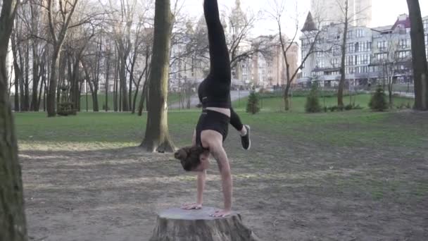 Une jeune femme caucasienne fait un handstand dans une zone boisée, s'appuyant les mains sur un tronc d'arbre. Mode de vie sain Pratique féminine Handstand On Park. Femme sportive faisant acrobaties de remise en forme — Video