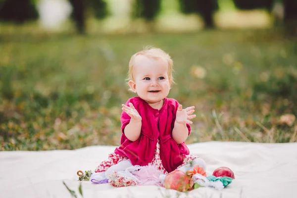 小さな赤ちゃんの女の子白人の民族性ブロンド出生から1歳は公園の緑の芝生の上で遊んで座っています 秋の森のピクニックで子供 美しいかわいい楽しい楽しい赤ちゃん毛布の上に座って — ストック写真
