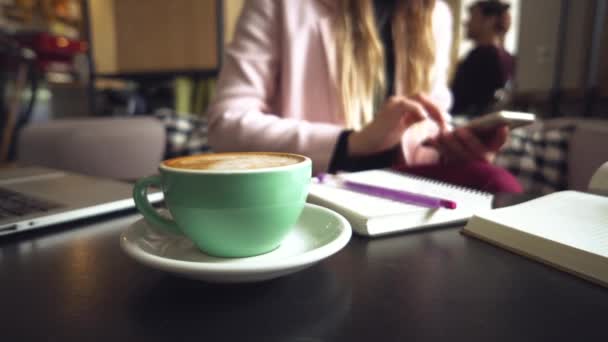 Mujer sentada cafetería mesa de madera, beber café y el uso de teléfono inteligente. Mujer usando el teléfono en el café. Aprendizaje de estudiantes online. Chica revisando correo electrónico. Mujer Café, uso de teléfono móvil, Cuaderno de trabajo — Vídeo de stock